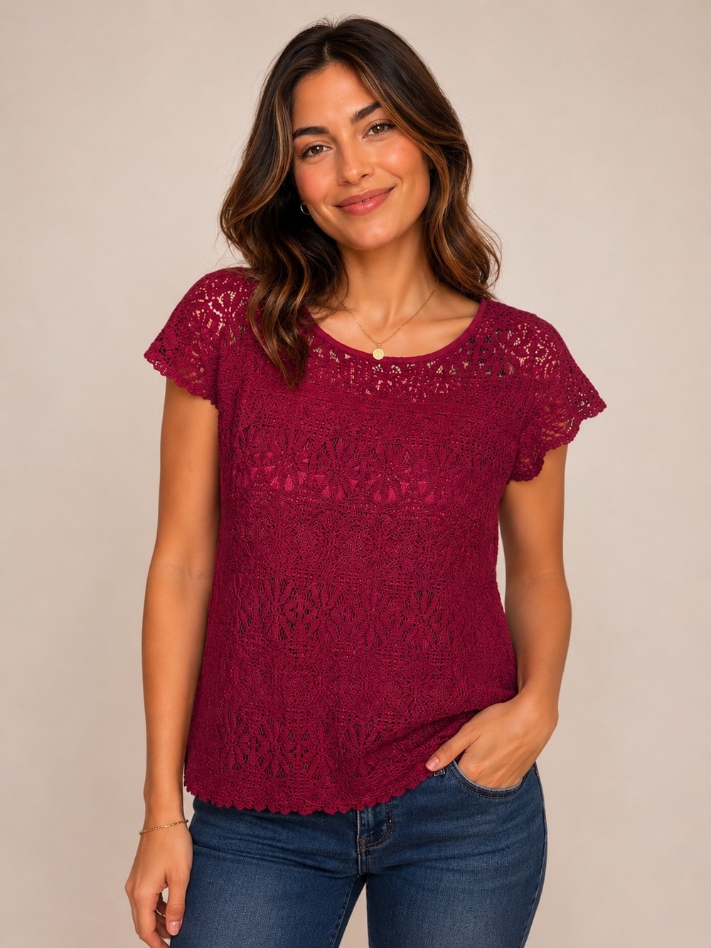 Chance or Fate Burgundy Crochet Lace Cap-Sleeve Top